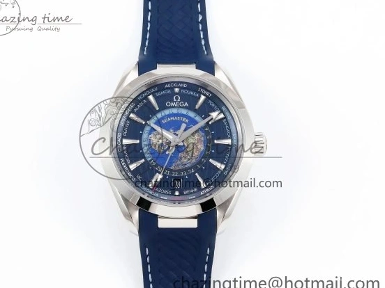 0226 Aqua Terra GMT Worldtimer 43mm VSF 1:1 Best Edition Deep Blue Dial on Blue Rubber Strap A8938 Super Clone QuickDry 7721